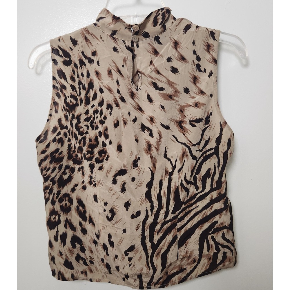 Kenar Womens Beige Animal Print 100% Silk Sleeveless Blouse Sz 10 Mock Neck Zip